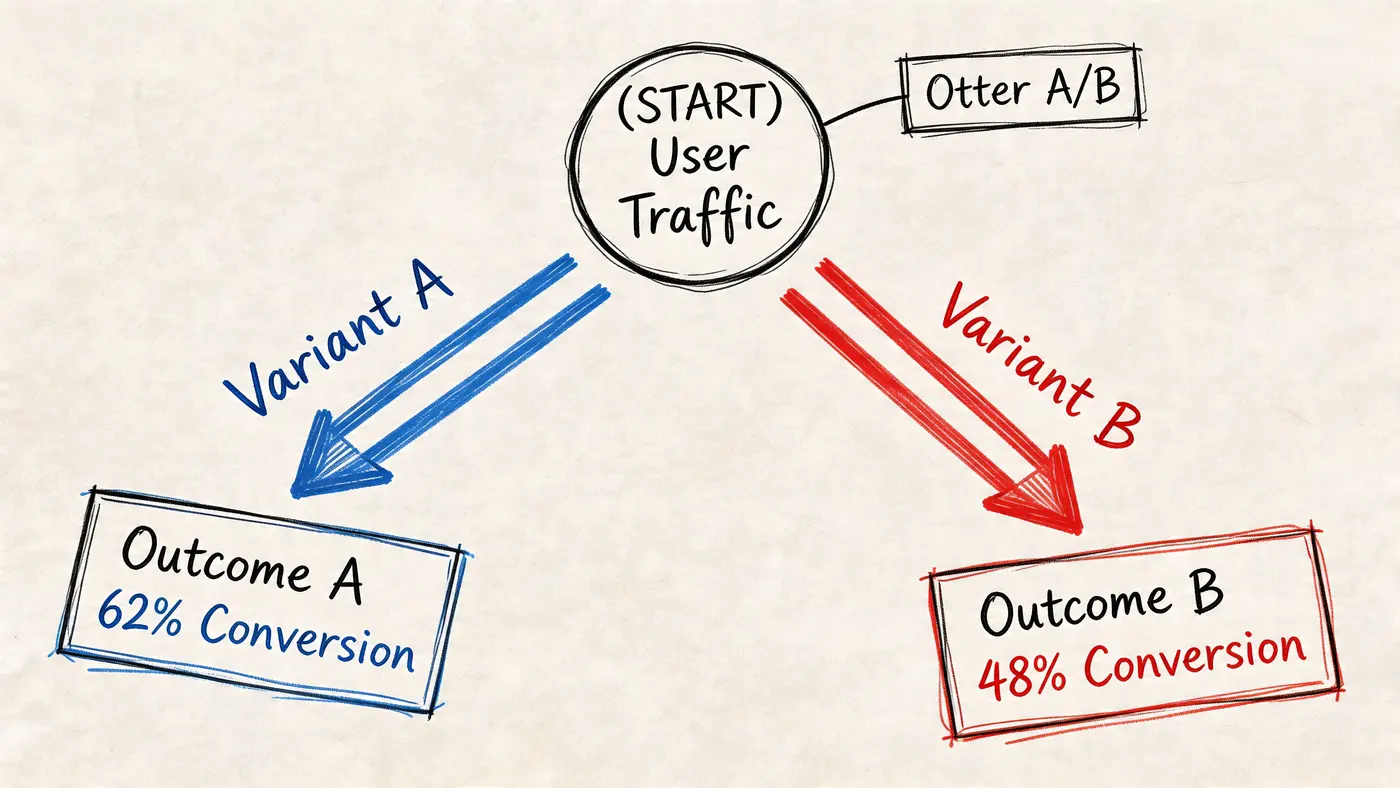 A diagram illustrating an A/B test comparing two variants of user traffic with different conversion rates.