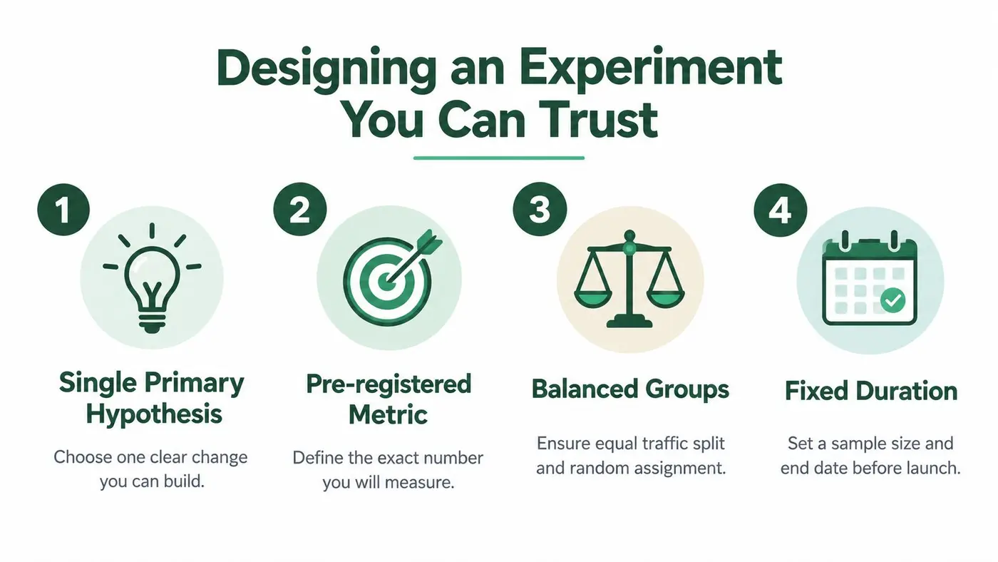 An infographic showing four steps for designing an experimental A/B test for your website successfully.