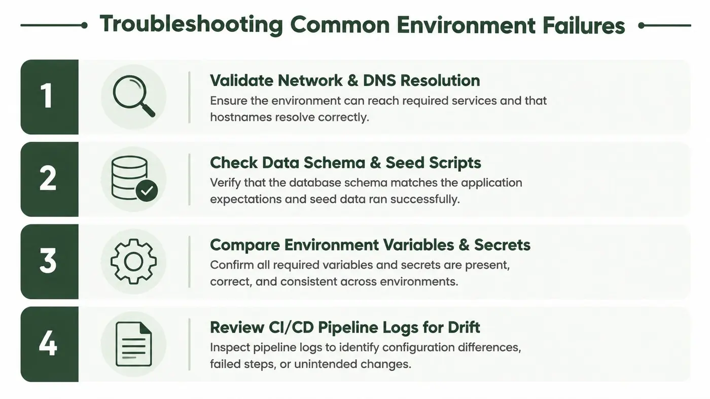 A numbered list detailing four common steps to troubleshoot software environment failures for developers and engineers.