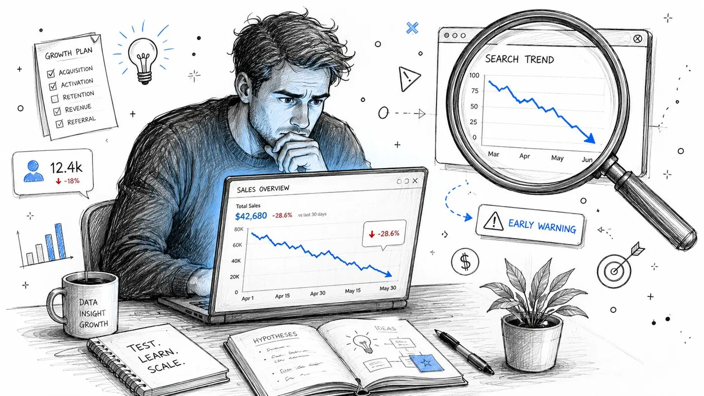 A concerned professional analyzing declining sales and search trends on a laptop in a workspace.