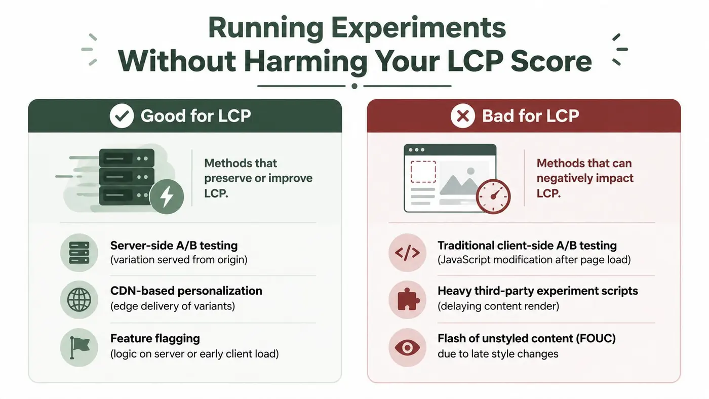 A comparison chart showing methods to run website experiments that improve or harm Largest Contentful Paint performance.