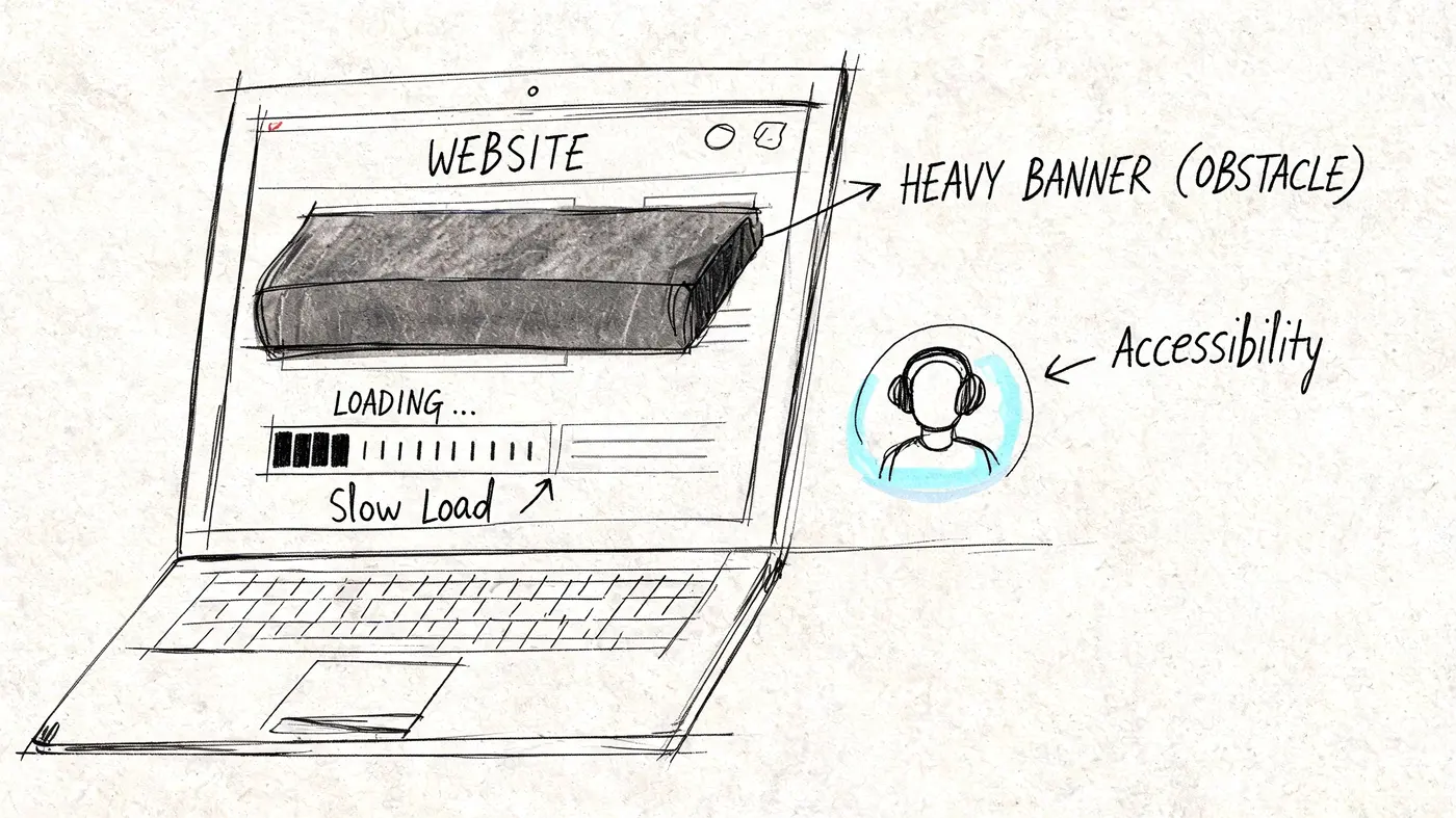 A hand-drawn sketch of a laptop showing a website blocked by a heavy banner and slow loading.