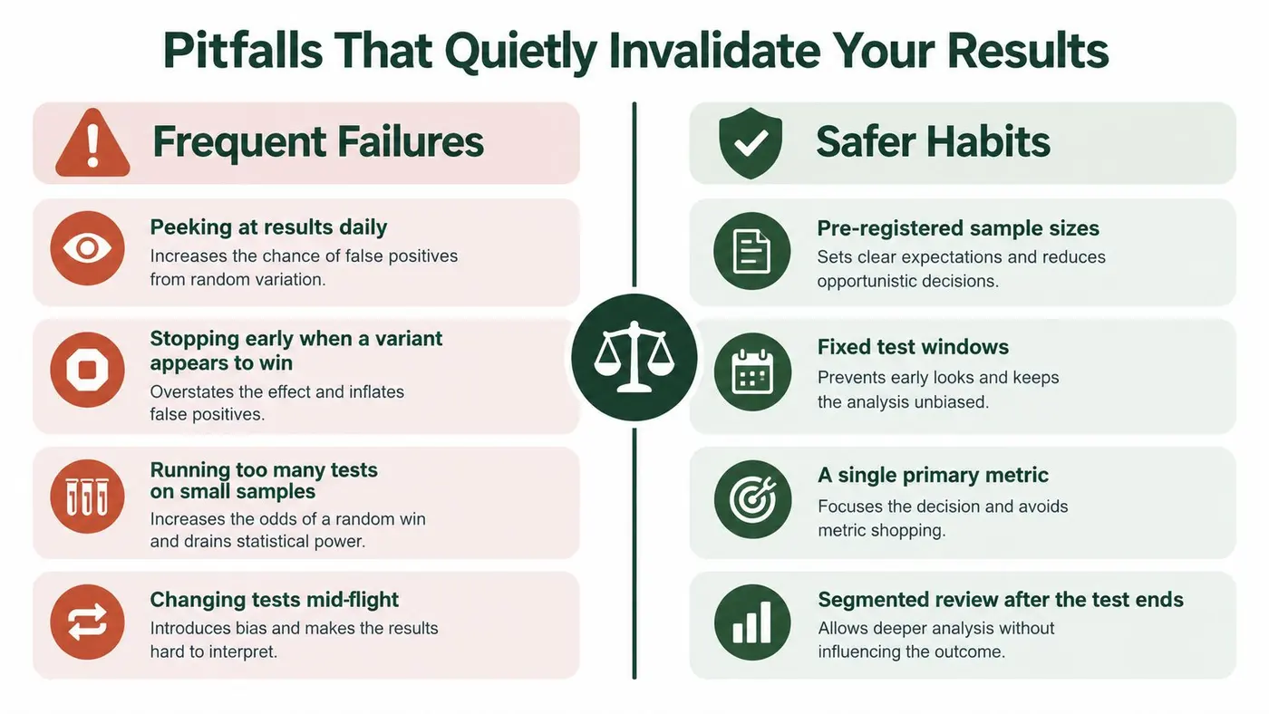 A comparison chart showing common A/B testing pitfalls versus recommended safer habits to ensure valid results.