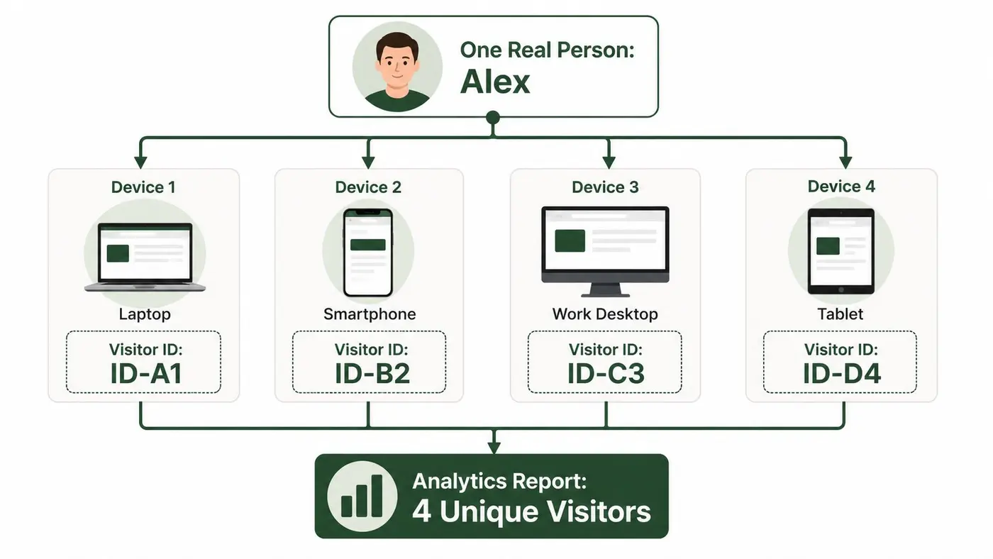 A diagram showing how one person using four different devices is counted as four unique visitors.
