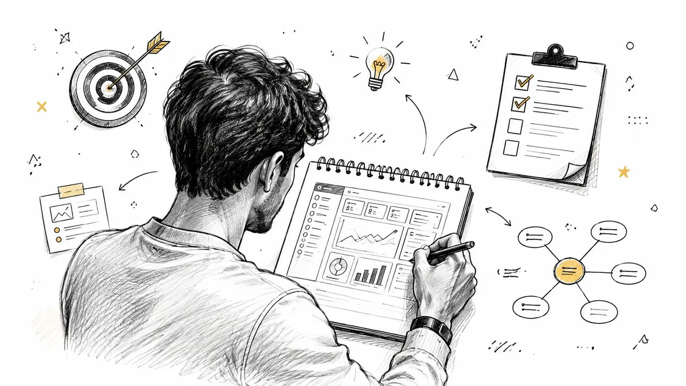 A creative sketch of a person working on a business data dashboard with charts and strategic icons.