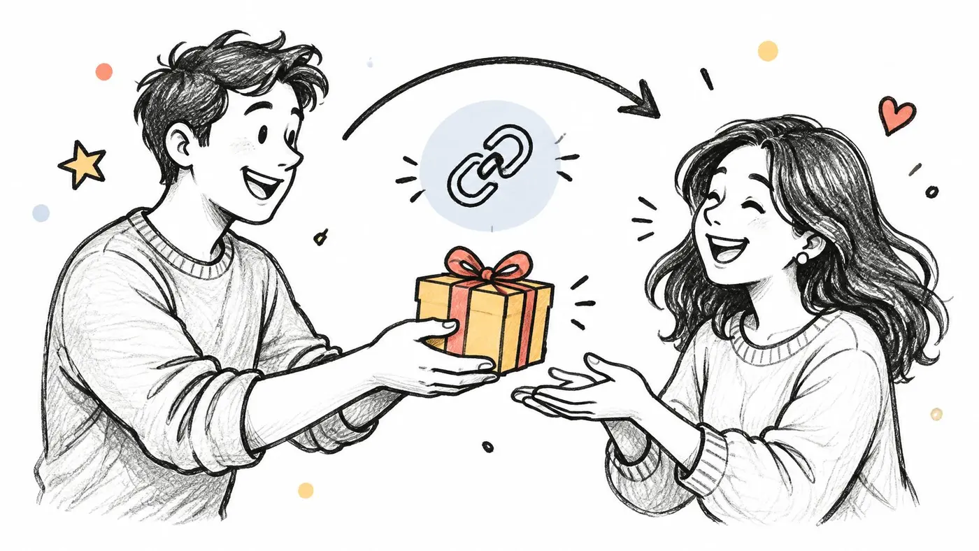 A hand-drawn sketch of a man giving a gift to a woman, symbolizing connection and referral.