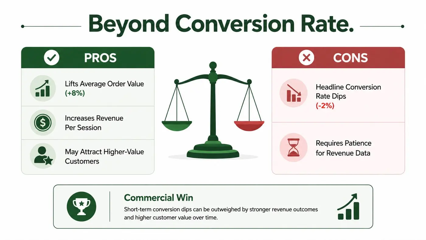 A comparison chart showing the pros and cons of prioritizing revenue over conversion rate for business growth.