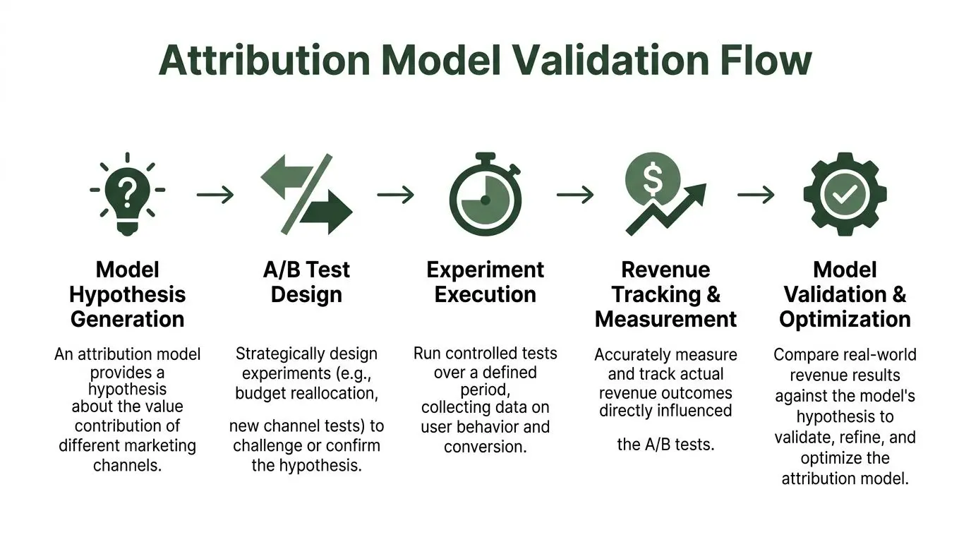 A flowchart showing the five-step process for validating and optimizing marketing attribution models for business growth.