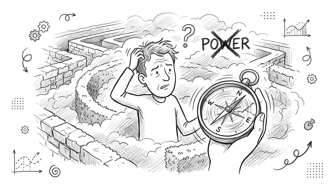 A confused person in a maze holding a broken compass with power crossed out nearby.