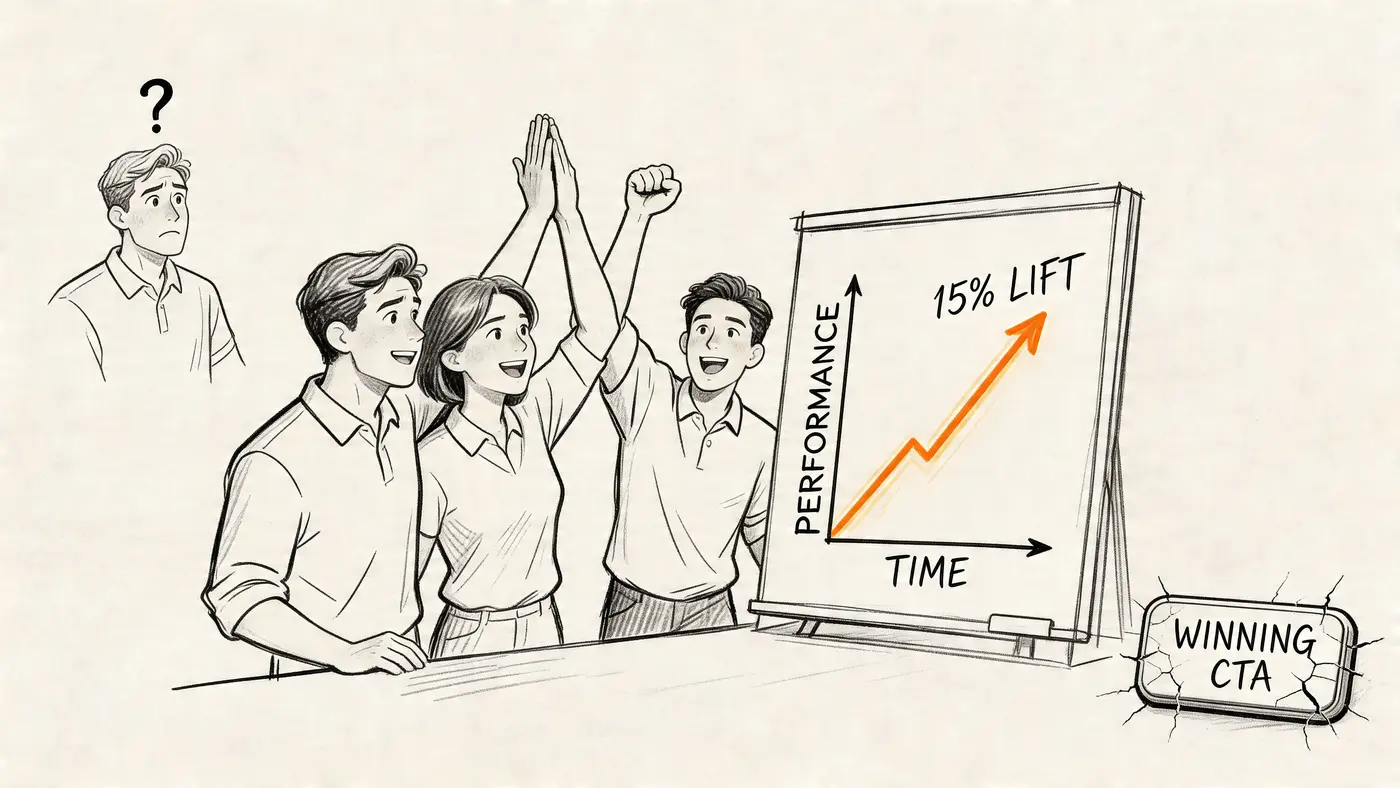 A team celebrates a 15 percent performance increase while a confused person watches from behind.