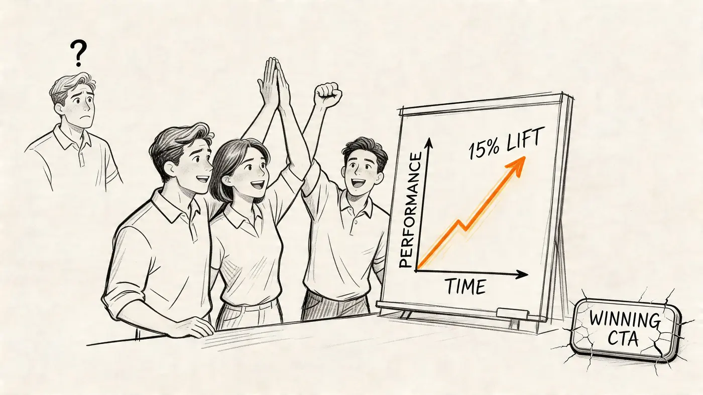 A team celebrates a 15 percent performance increase while a confused person watches from behind.