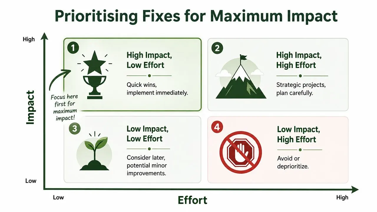 A 2x2 prioritization matrix infographic displaying categories for task effort versus impact for business optimization.
