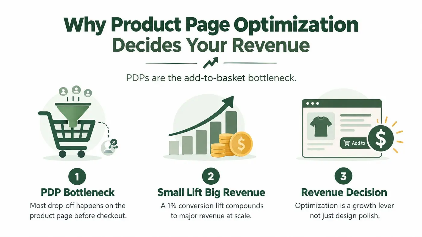 An infographic titled Why Product Page Optimization Decides Your Revenue with three icons highlighting conversion bottlenecks and growth.