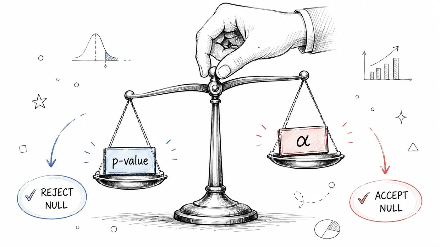 A hand balances a scale featuring p-value and alpha symbols to illustrate statistical hypothesis testing concepts.