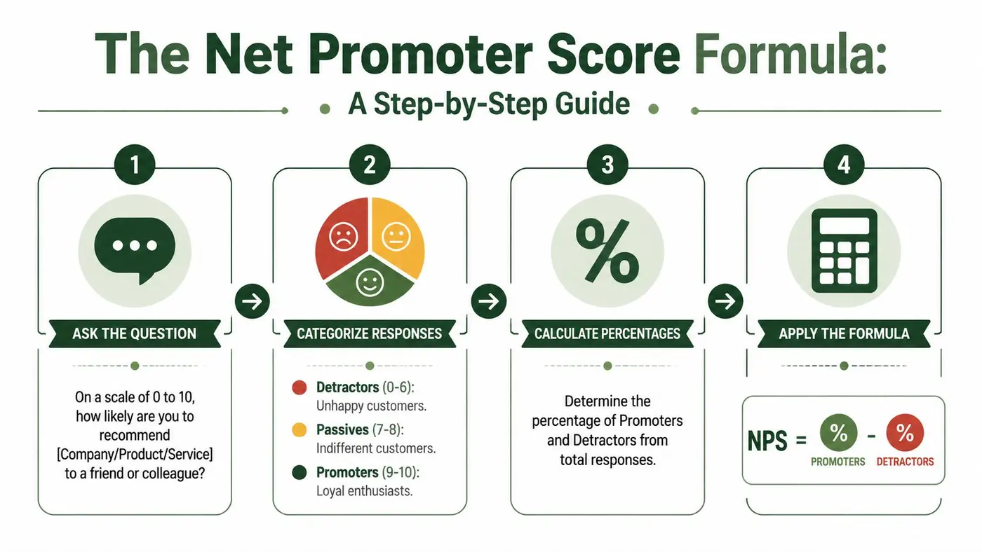 An infographic showing the four-step process for calculating a Net Promoter Score, including categorization and formulas.