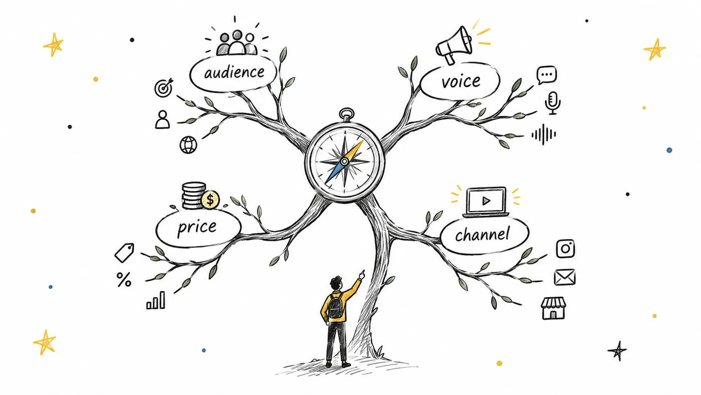 A hand-drawn illustration featuring a person standing before a tree with four branches labeled audience, voice, price, and channel.