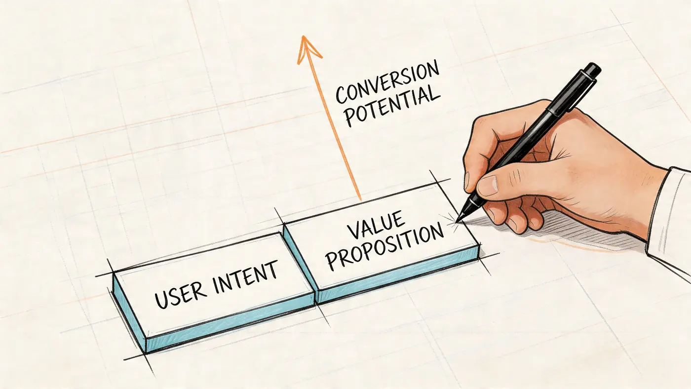 A hand-drawn illustration showing user intent and value proposition blocks leading to increased conversion potential.