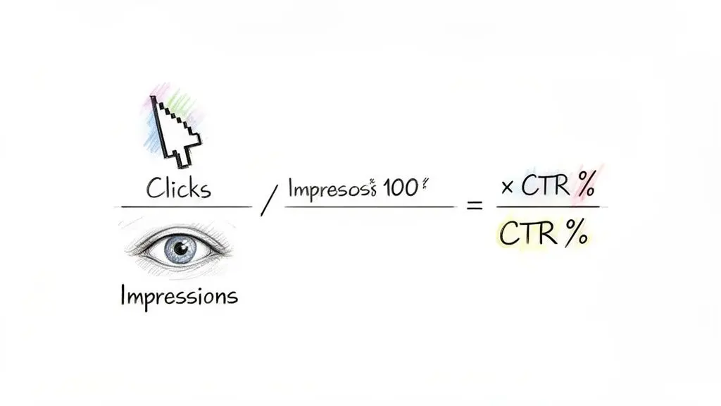 Image illustrating the Click-Through Rate (CTR) formula using clicks, impressions, and percentages.