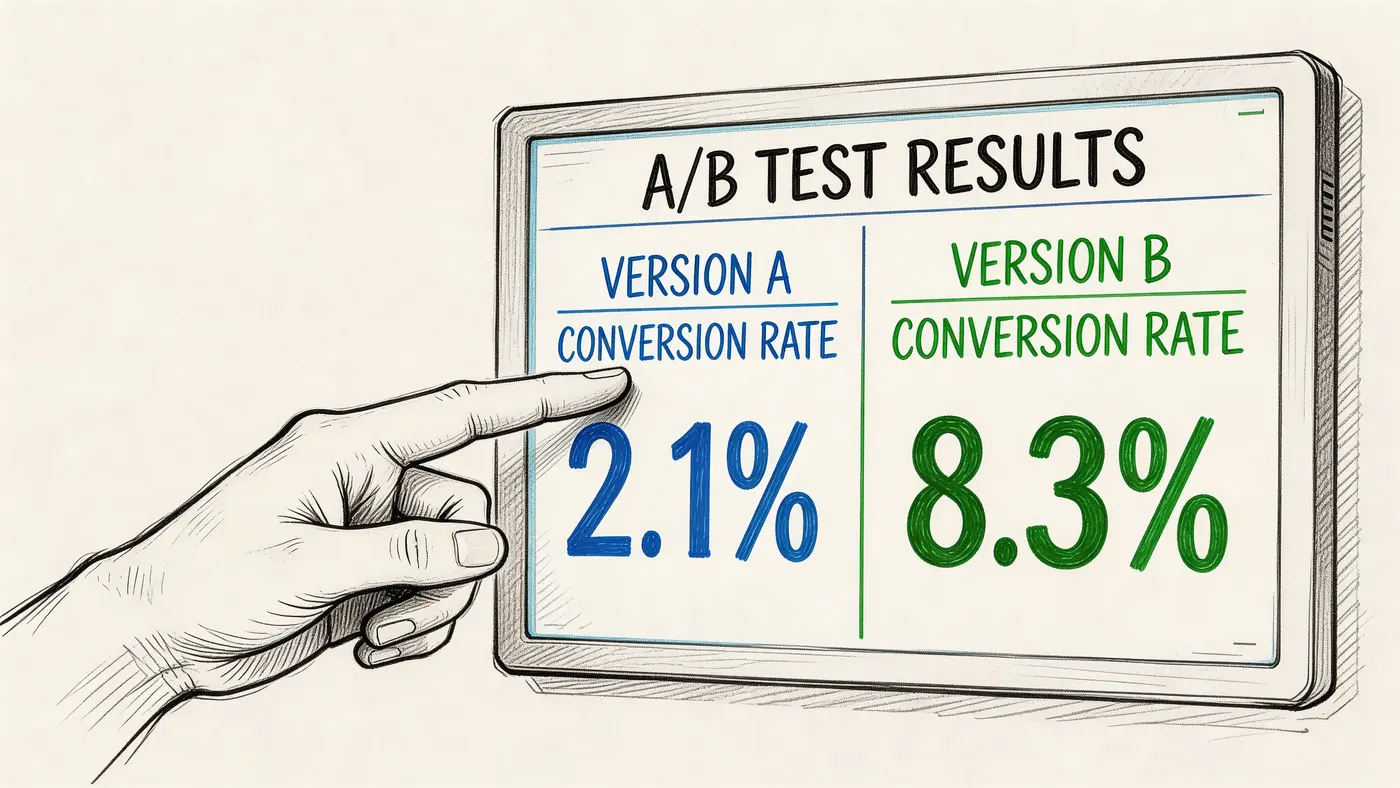 A hand pointing at a digital tablet screen displaying comparative A/B test conversion rate results.