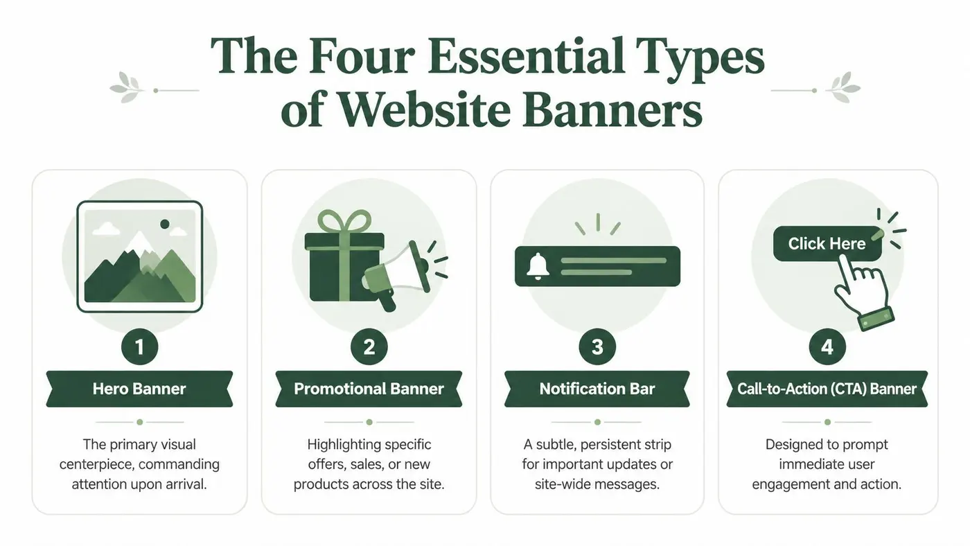 An infographic showing four essential types of website banners with descriptive icons and simple text explanations.