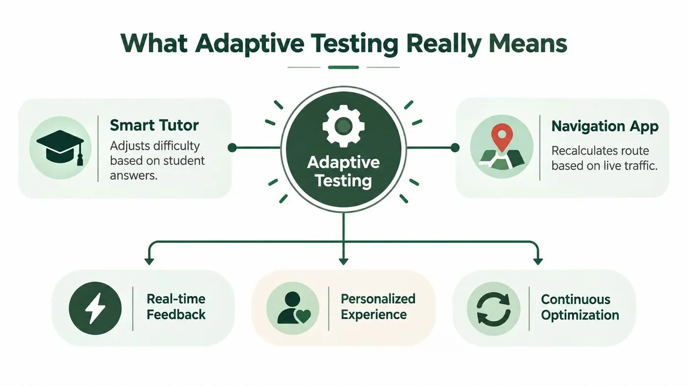 A diagram explaining adaptive testing, comparing it to a smart tutor and a navigation app with feedback.