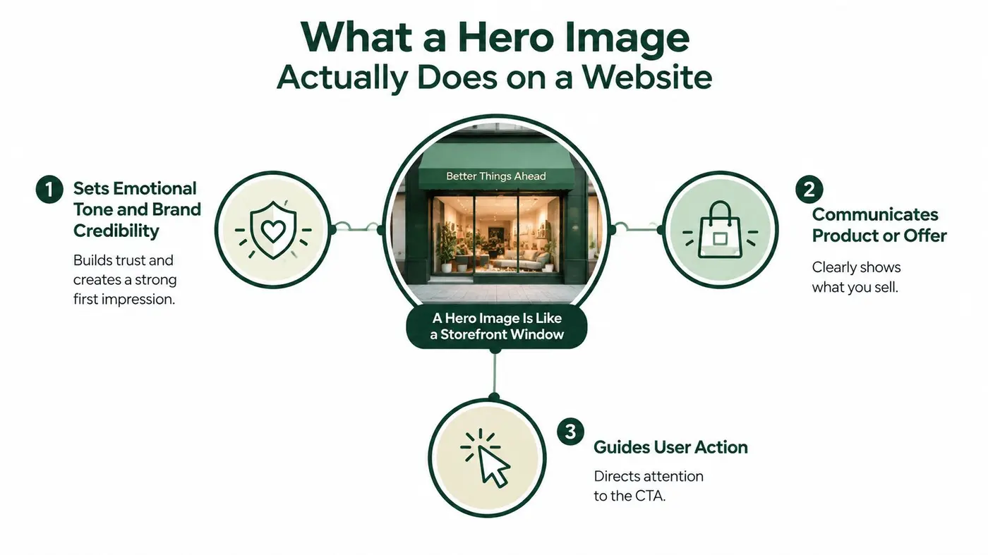 An infographic showing that a website hero image acts as a storefront window to attract customers.