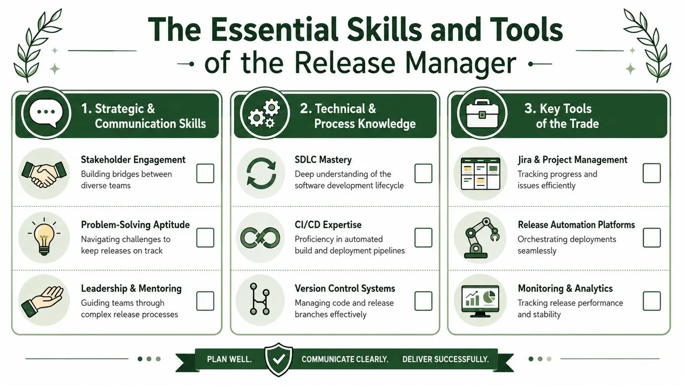 An infographic detailing the essential strategic skills, technical knowledge, and key tools for a release manager role.