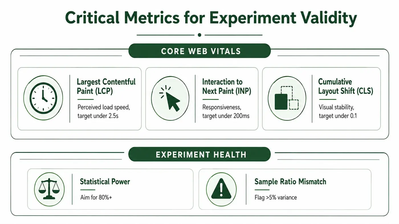 An infographic showing critical web metrics for experiment validity, including Core Web Vitals and experiment health indicators.