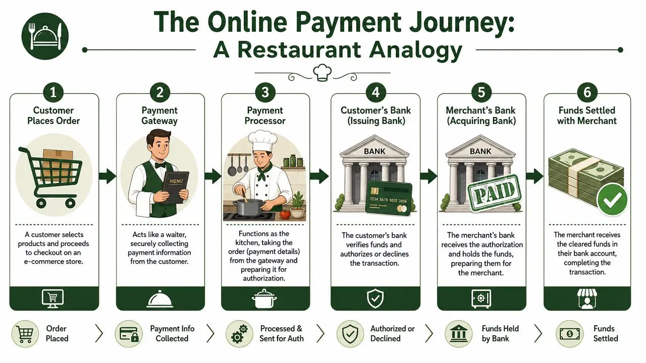 A diagram using a restaurant analogy to explain the six-step online payment journey for e-commerce transactions.