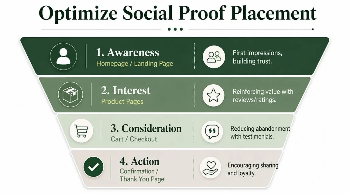 A funnel diagram illustrating social proof optimization strategies for different stages of the customer journey.