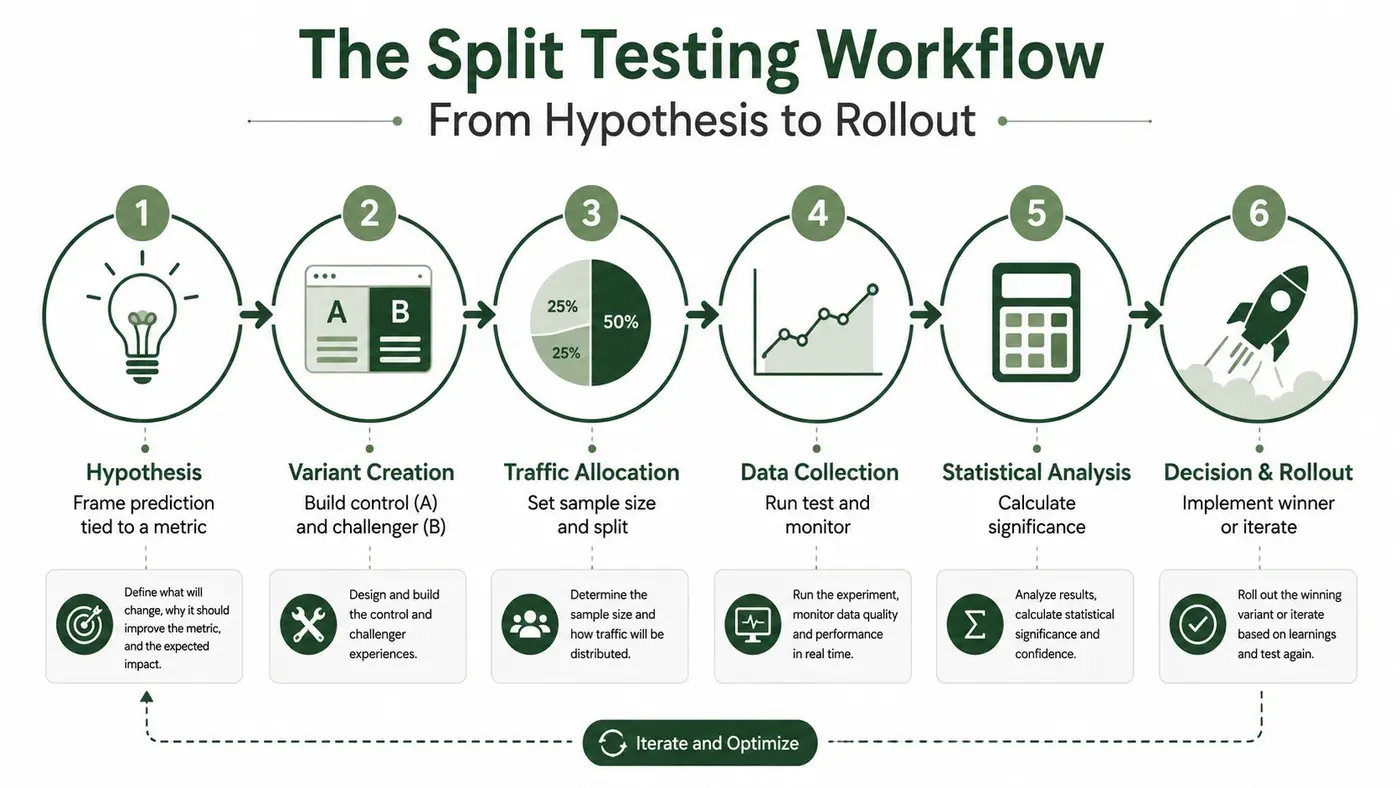 A six-step infographic illustrating the split testing workflow from initial hypothesis to final rollout and optimization.