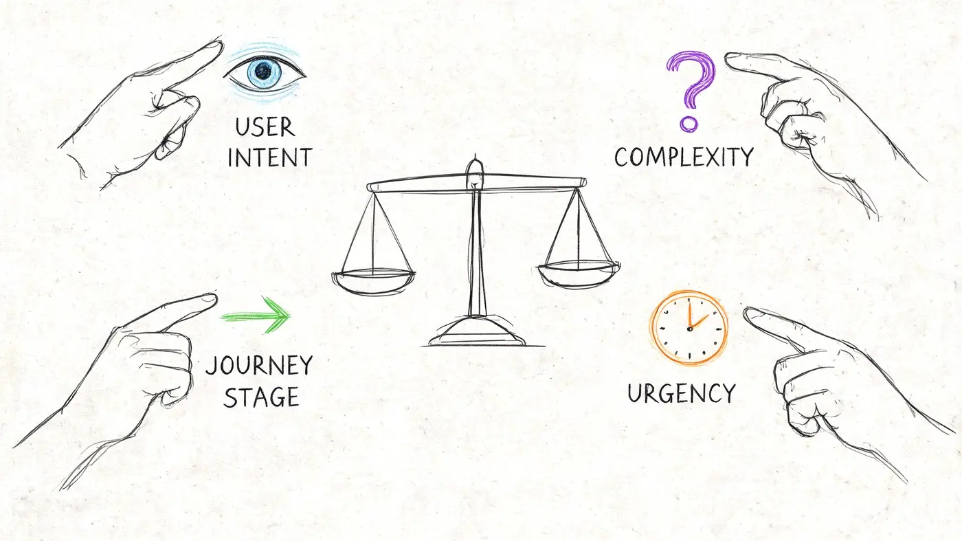 A hand-drawn illustration showing a balance scale surrounded by icons representing user intent, complexity, journey stage, and urgency.