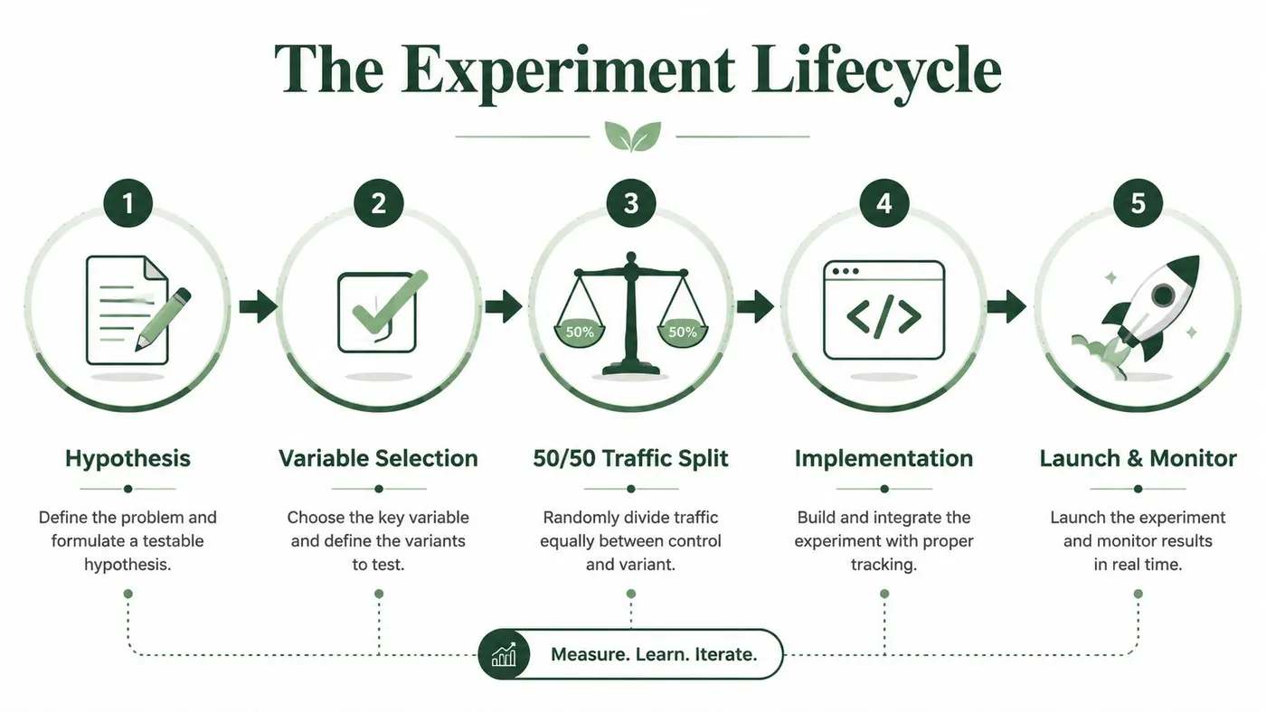 An infographic showing the five-step experiment lifecycle for A/B testing on a landing page.