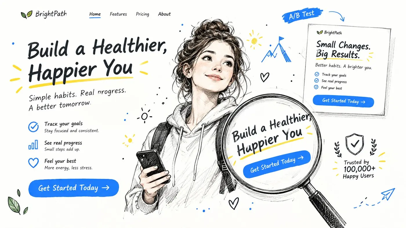 A hand-drawn illustration featuring a woman with a smartphone and a magnifying glass on a landing page.