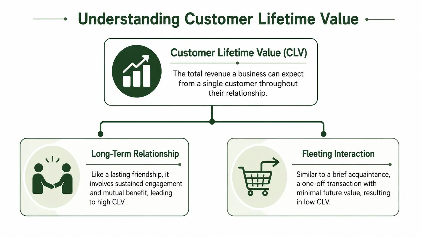 A diagram illustrating customer lifetime value, showing both high-value long-term relationships and low-value fleeting transaction interactions.
