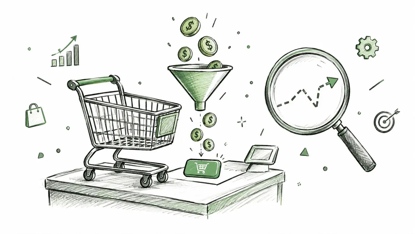 A hand-drawn illustration showing an e-commerce shopping cart, a revenue funnel, and a magnifying glass analyzing data.