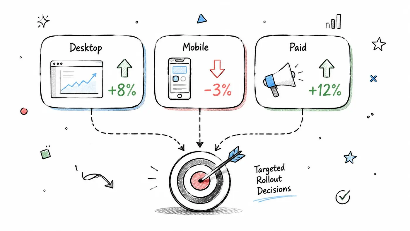 A hand-drawn illustration showing performance trends for desktop, mobile, and paid channels pointing to a target.