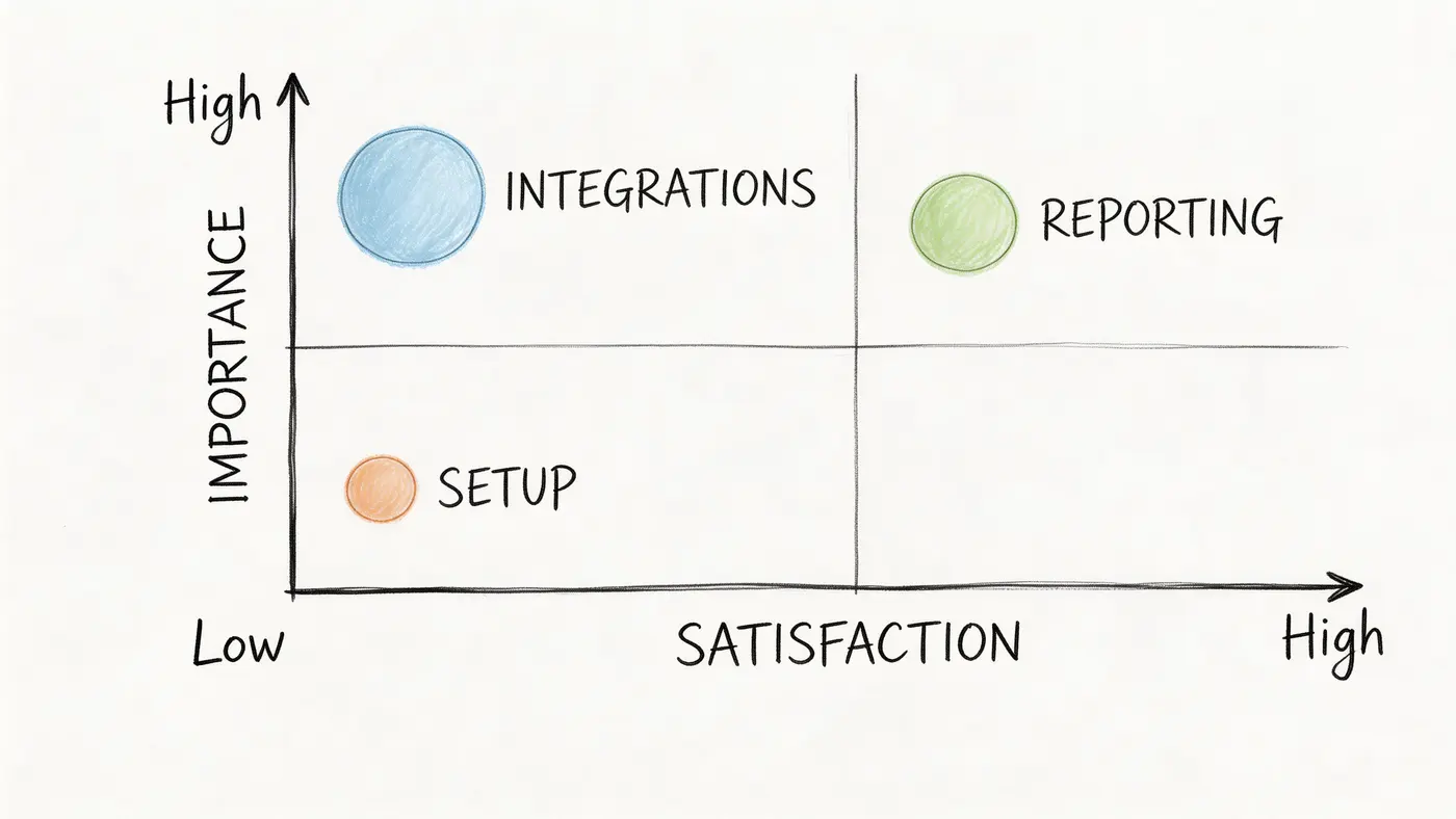 A quadrant chart illustrating customer satisfaction versus importance for business categories including Integrations, Reporting, and Setup.