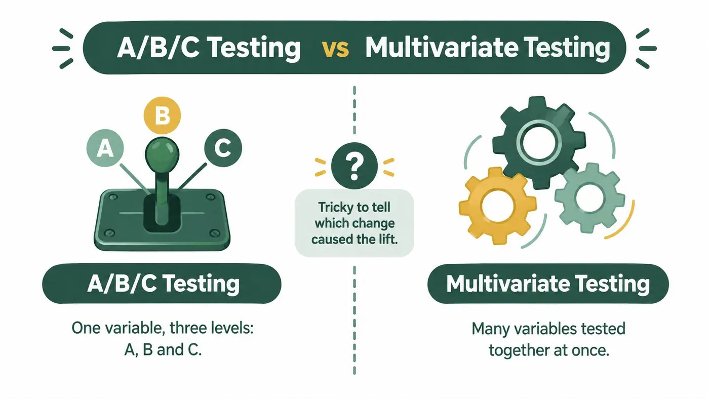 An infographic comparing A/B/C testing with a single variable against multivariate testing with many variables.