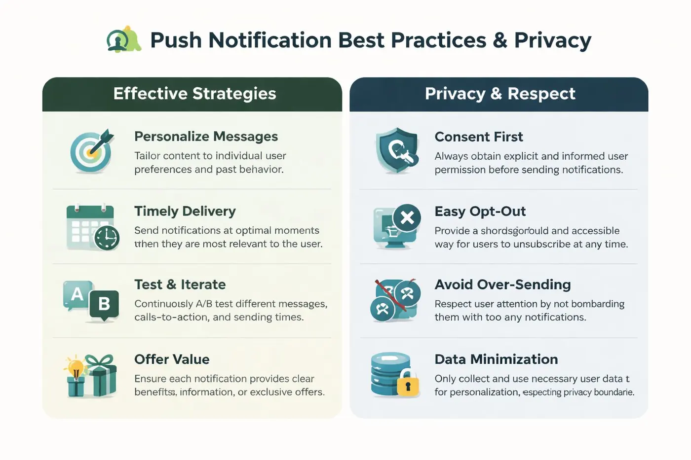 An infographic titled Push Notification Best Practices & Privacy highlighting effective strategies and essential user privacy guidelines.