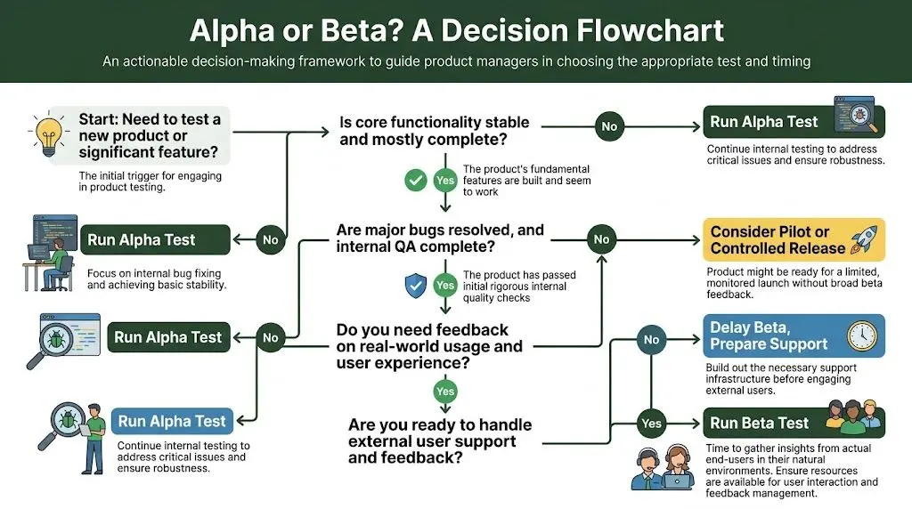 A decision flowchart for product managers to determine whether to conduct alpha or beta testing.