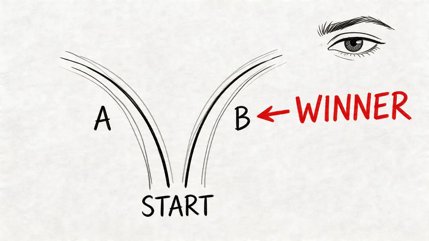 A hand-drawn diagram illustrating a choice between paths A and B, with path B labeled as winner.