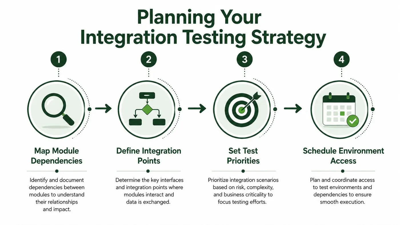 A four-step infographic illustrating a strategic approach for planning effective integration testing for software systems.
