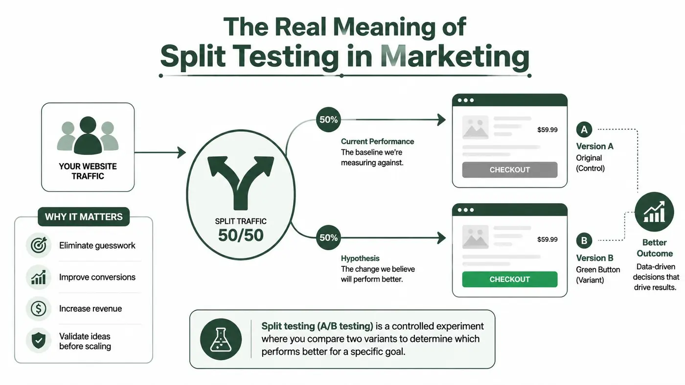 A diagram illustrating how A/B split testing works by dividing website traffic to compare two page versions.
