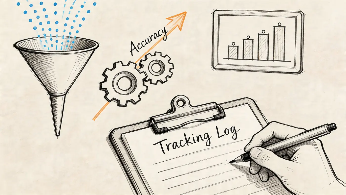 A hand writes on a tracking log clipboard, depicting data filtering, accuracy optimization, and growth metrics.