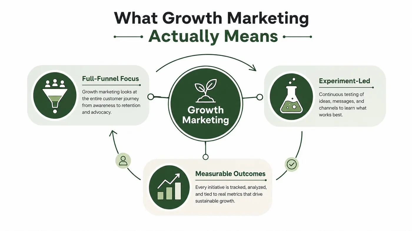 An infographic titled What Growth Marketing Actually Means, highlighting full-funnel focus, experiment-led strategies, and measurable outcomes.