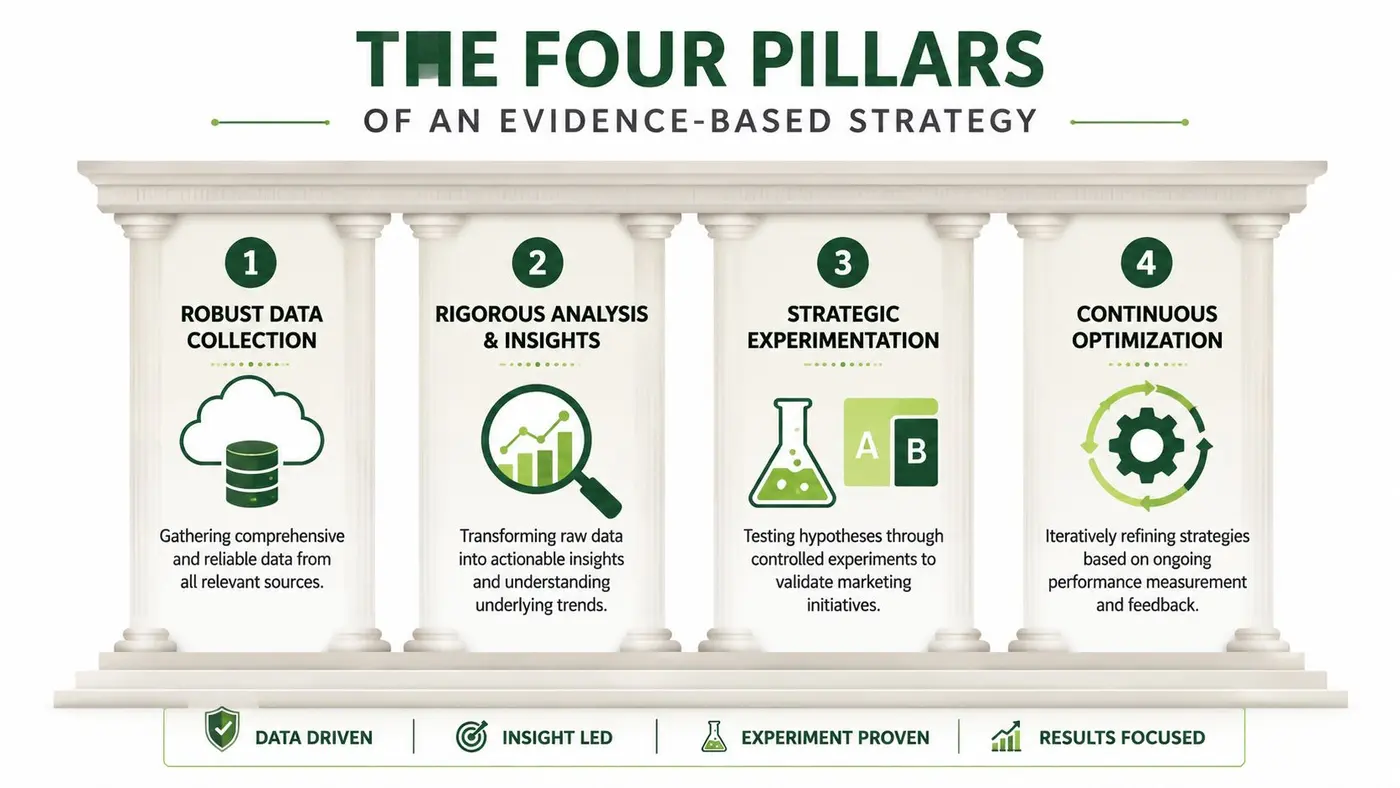 An infographic titled The Four Pillars of an Evidence-Based Strategy, illustrating four distinct marketing process steps.