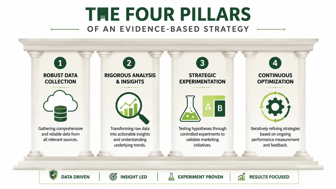 An infographic titled The Four Pillars of an Evidence-Based Strategy, illustrating four distinct marketing process steps.
