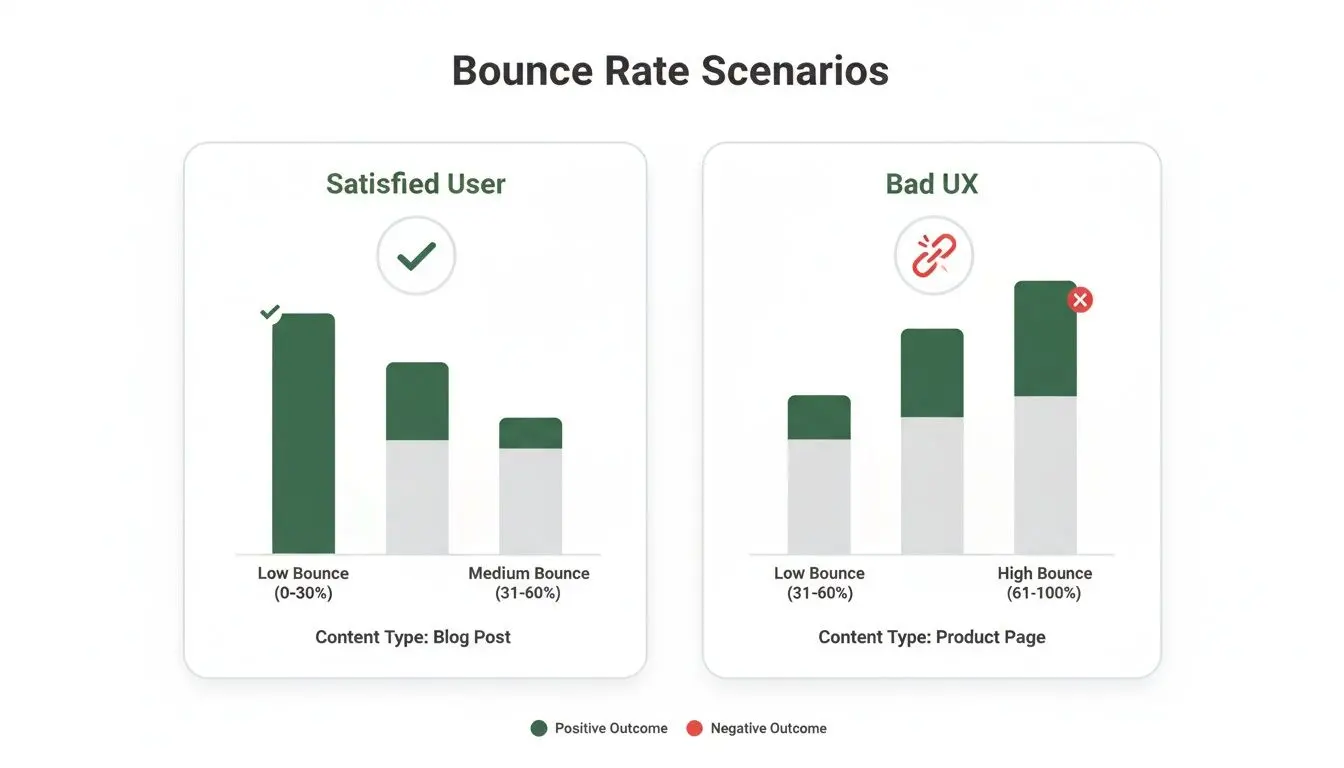 Visualizing bounce rate scenarios: satisfied users for blog posts versus bad UX for product pages.