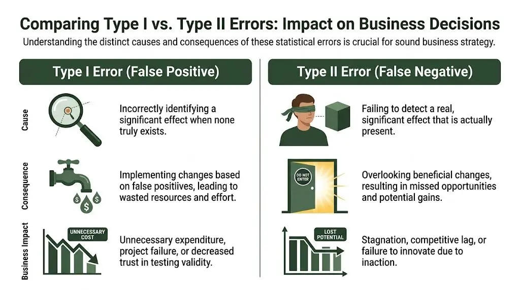 A diagram explaining the business differences between Type I false positive and Type II false negative errors.